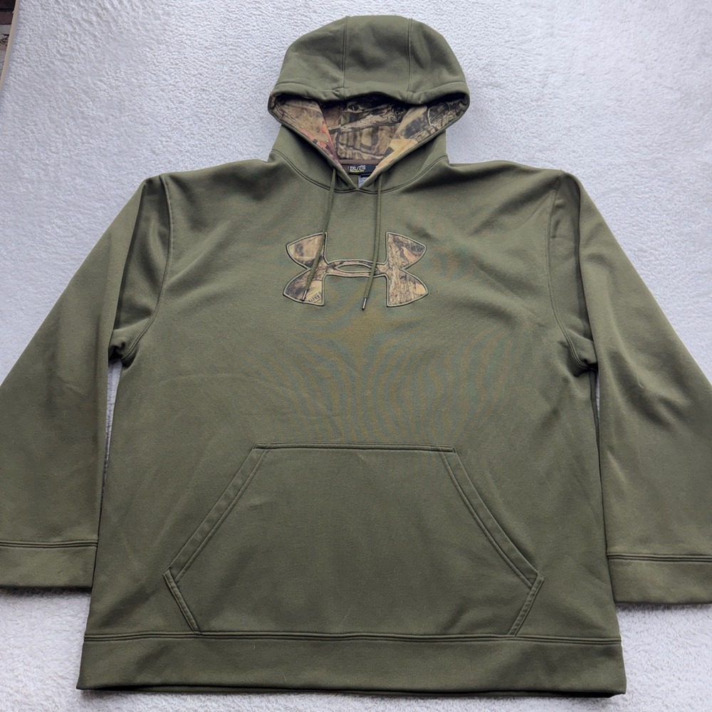 Under Armour Mens 2XL Olive Green Camo Logo Loose Fit Pullover Hoodie